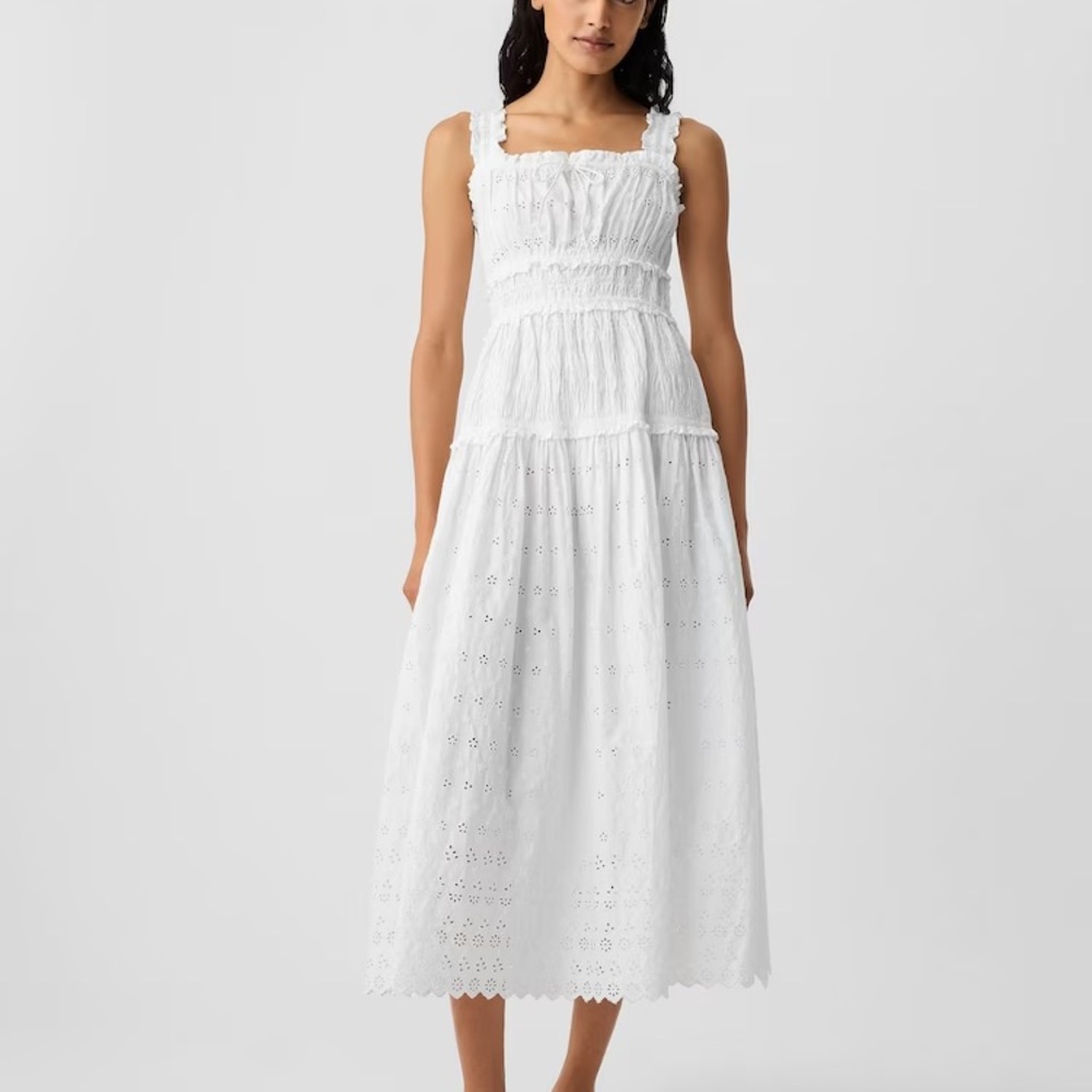 White Eyelet Midi Dress with Smocked Bodice